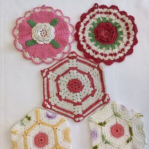 Vintage Hand-Crocheted Doilies, Set of 5